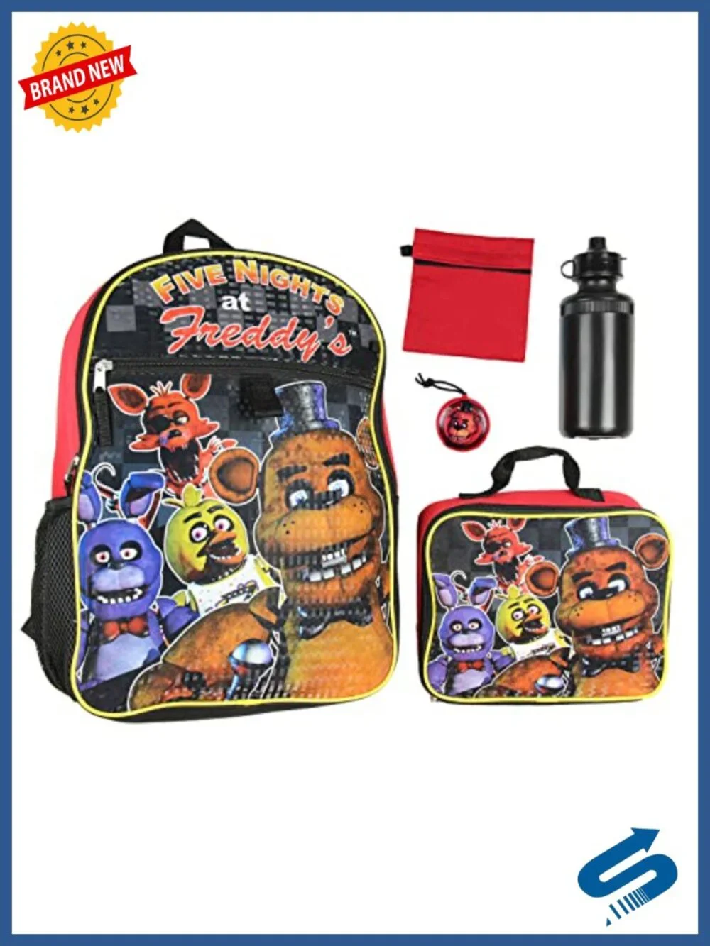 5 Piece Five Nights at Freddy's Backpack Set with Lunch Box, Water Bottle, and